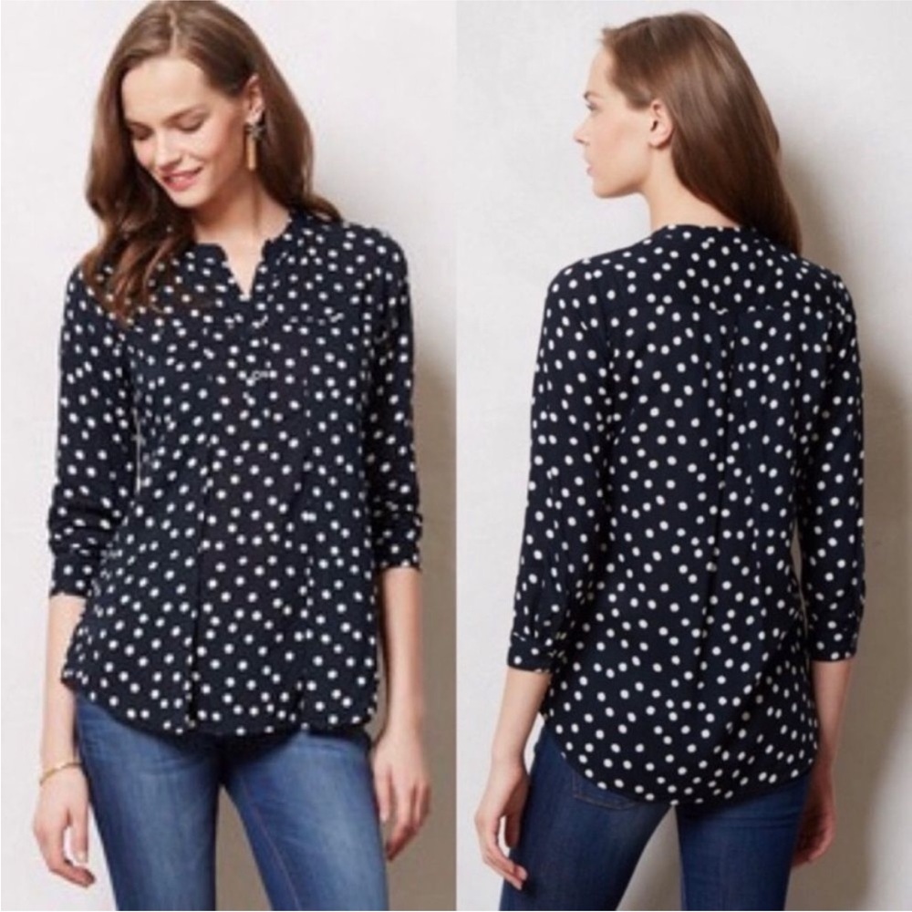 Anthropologie Maeve Brunia Navy Polka‎ Dot Henley Shirt Blouse Women’s Sz Large